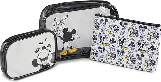 Mickey Mouse Cosmetic Case Set - Officially Licensed Mickey and Minnie Mouse Travel Cosmetic Case 3 Piece Set - Girls, Boys, Teens, Adults (Black Mickey)