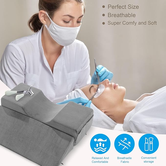 BALAPET Lash Pillows for Eyelash Extensions Ergonomic and Comfortable Velvet Foam Eyelash Pillow for Neck and Back Support Pillow Side Pockets can be Placed Tools,Easy to Graft Eyelashes(Gray)