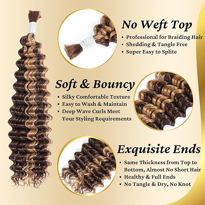 4/27 Honey Blonde Highlight Curly Human Hair Bulk, 24 Inch 100G FULL BULK Ombre Deep Wave Boho Braiding Hair, No Weft Human Hair Extensions for Boho Braids