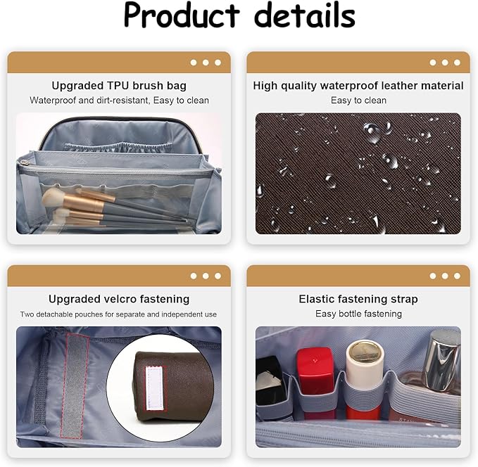 BOYATU Travel Makeup Bag Set: Portable Make up Bag for Traveling - Leather Cosmetic Bags for Women - Waterproof Toiletry Organizer Bags with Handle (D-01-Brown)