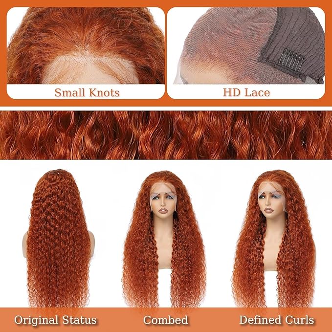 13x6 Ginger Wig Water Wave Lace Front Wigs Human Hair Pre Plucked Frontal Wigs Human Hair For Women Curly Lace Front Wig Human Hair Deep Wave Wet and Wavy 180 Density 24 Inch