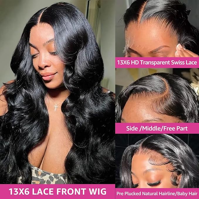 30 Inch Body Wave Lace Front Wigs Human Hair Pre Plucked 180% Density 13x6 HD Lace Frontal Wigs Human Hair with Baby Hair Natural Hairlin