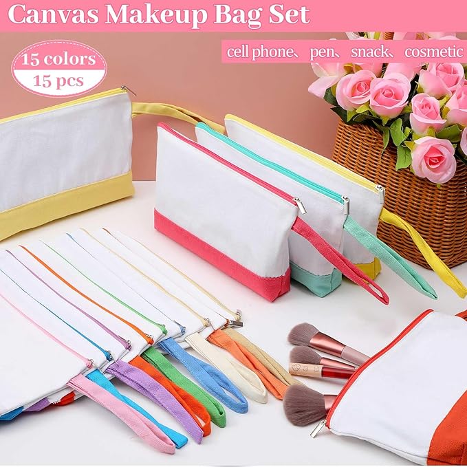 Silkfly 15 Pcs Cotton Canvas Makeup Bags Canvas Cosmetic Bag 10.2 x 5.5 x 2 Inches Two Tone Makeup Bags Bulk with Zipper Blank DIY Pouch with Bottom Travel Toiletry Pouch for Women (Cute)