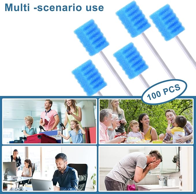 100 PCS Disposable Mouth Swabs Sponge - Oral Care Swabs Unflavored & Sterile Disposable Dental Swabsticks for Mouth & Gum Cleaning Blue