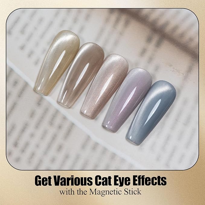 Adhere 5pcs 12ML Cat Eye Gel Nail Polish with Magnet, Smooth Wide Cat Eyes Delicate Moonlight White Ceramic Crystal Transparent Color Pink Brown Gel Polish