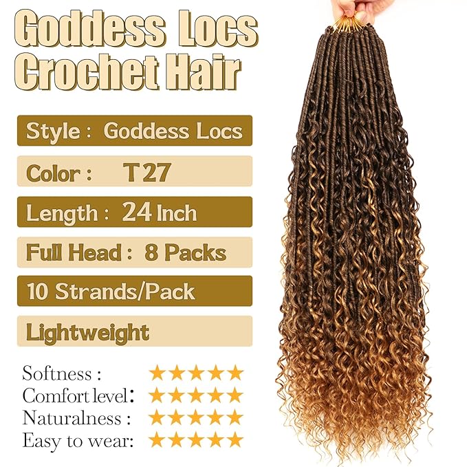 8 Packs Goddess Faux Locs Crochet Hair-24 Inch Boho Soft Locs Crochet Hair for Black Women (T27, 24 Inch(Pack of 8))