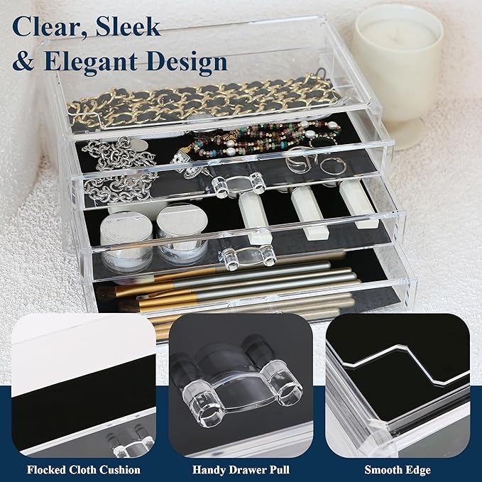 Sea Team Clear Makeup Organizer with Drawers, Acrylic Plastic Cosmetic Display Case, Jewelry Storage Box, Holder for Dresser, Bathroom, Vanity, Countertop (3 Middle Drawers)