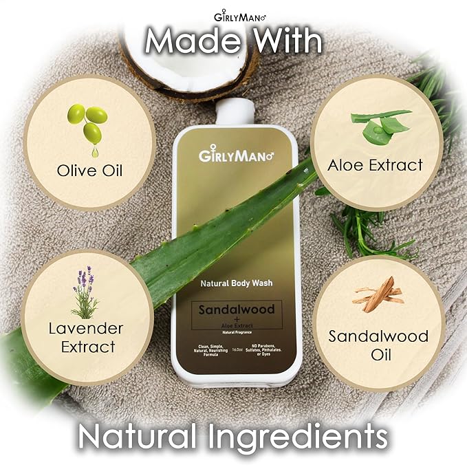 Natural Body Wash - Made with Olive Oil & Aloe Extract, No Artificial Fragrance, PH Balanced, Gentle Formula, Nourishing Ingredients, Family Owned (Sandalwood)