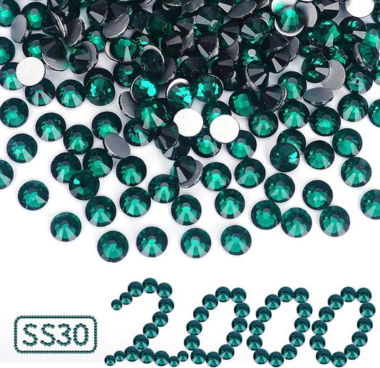 2000PCS Emerald Rhinestones Bulk, Flat Back Crystal Glass Stone Round Gems,SS30, 6.4-6.6mm