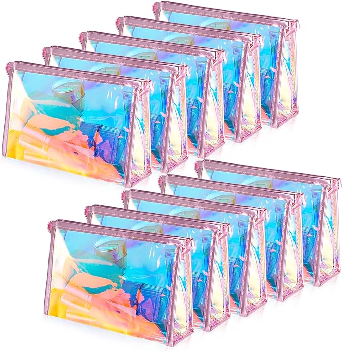 BESARTE 10 Pcs Holographic Makeup Bags Bulk, Mother's Day Gifts for Women Clear Portable Zippered Toiletry Bag Waterproof Cosmetic Bags Wedding Gifts for Bride Bridesmaids