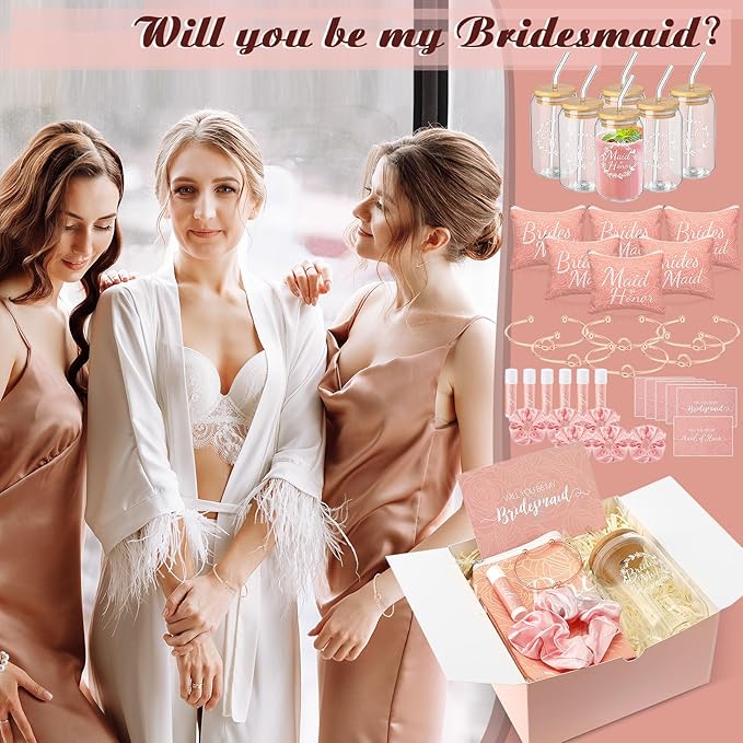 54 Pcs Bridesmaid Proposal Gifts Bridesmaid Box Set Include Bridal Shower Gift Box Makeup Bag Invited Card Glass Cup Lip Balm Scrunchie Hair Knotted Bracelet for Maid of Honor(Pink)