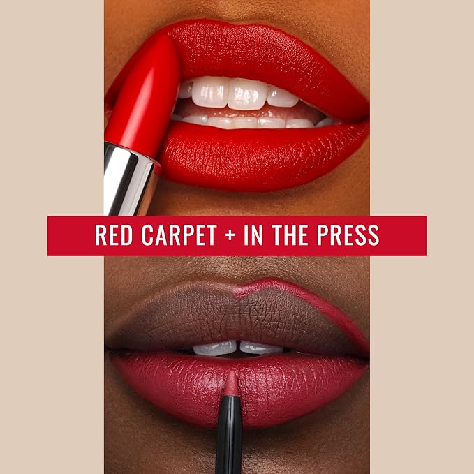 Runway Rogue ‘Red Carpet’ Matte Classic True Red 90s Vibe Lipstick Bundle with ‘In the Press’ Crimson Dark Red Designer Liner Lip Liner Pencil and Sharpener