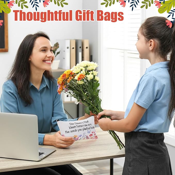 24 Pieces Makeup Bags Bulk Canvas Cosmetic Bags Purse Organizer Zipper Cosmetic Pouch Portable Travel Toiletry Pouch for Women Men Gifts, 7 x 4 Inch (Teacher Thanks)