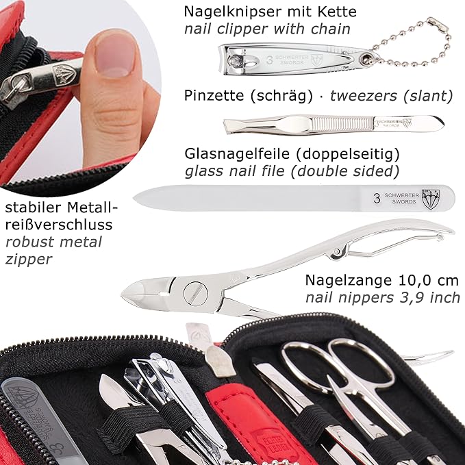 3 Swords Germany - brand quality 6 piece manicure pedicure grooming kit set for professional finger & toe nail care scissors clipper genuine leather case in gift box, Made in Solingen Germany (13907)
