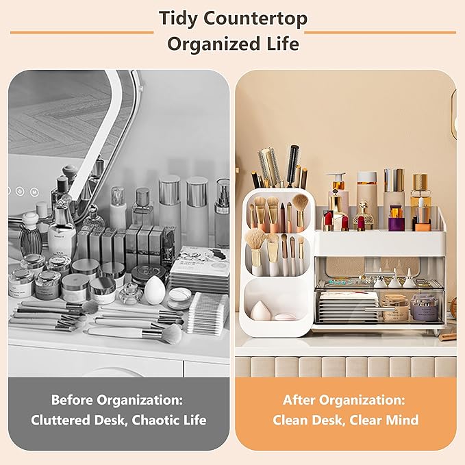 Makeup Organizer for Vanity, Large Capacity Display Case with Drawers for Skincare, Brushes, Lipsticks, Cosmetics, Perfect for Bathroom, Bedroom Storage(White)