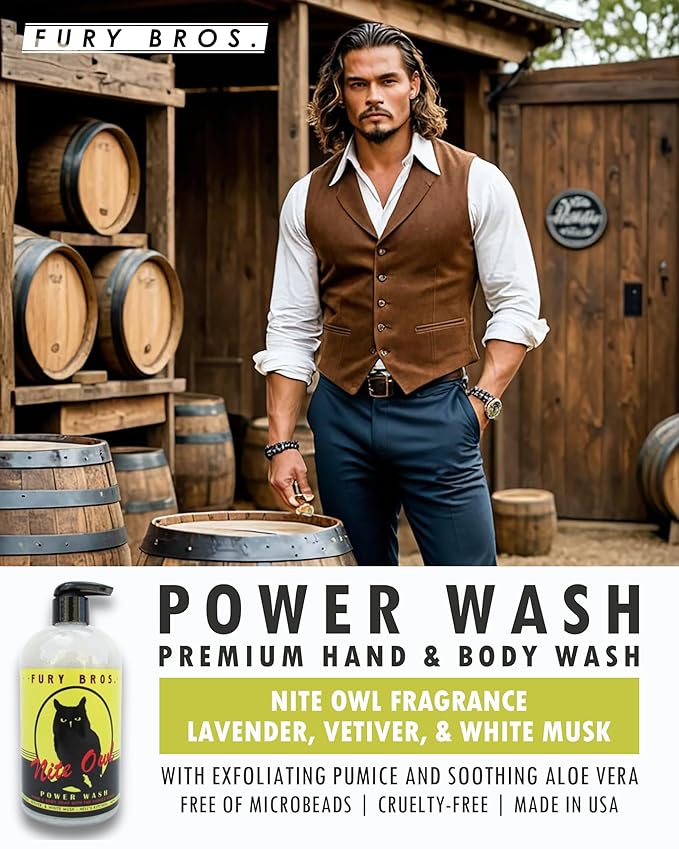 Premium Power Wash | Nite Owl | Lavender Vetiver White Musk | Hand & Body Wash | Exfoliating Pumice | Moisturizing Aloe Vera | Highly Scented | Made in USA | 16 oz | Dad Men Bath