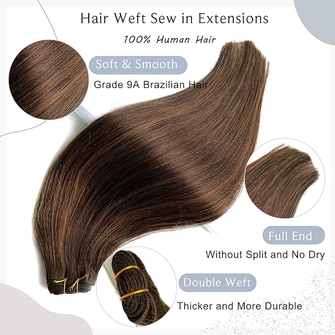 Sew in Hair Extensions Real Human Hair, Weft Hair Extensions Human Hair Bundles 22 Inch 120G Dark Brown Balayage Light Brown Hair Extensions Real Human Hair Weft Weave Bundles for Women