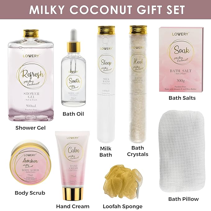 Mothers Day Bath Gift Set - Home Spa Gift Basket with Milky Coconut, Vitamin E & Shea Butter with Shower Gel, Bath Salt & Crystals, Body Scrub, Hand Cream, Body Oil, Bath Pillow, Wooden Crate & More