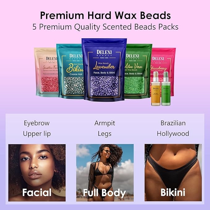 All-in-one Waxing Kit for Women +5 Pack Salon Quality Wax for Full Body Hair Removal - Ideal for Bikini, Brazilian, Underarms, Legs, Eyebrows, Chest, Back, and Mustache - For Sensitive Skin