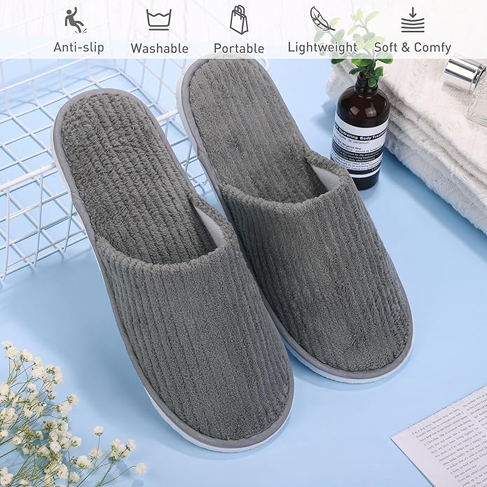 Elcoho 12 Pairs Closed Toe Spa Slippers Reusable Slippers Coral Fleece Washable Disposable Home Slippers for Women Men Guests Hotels House Slippers Housewarming Indoors Bathroom Party Traveling