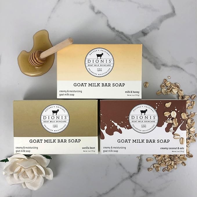 Dionis Goat Milk Skincare Bar Hand Soap, Shea Butter & Olive Oil Nourish, Moisturize, & Restore, For All Skin Types, Non Greasy, No Residue, Warm & Sweet Scents, Gift Set Bundle Of 3 Moisturizing Bars