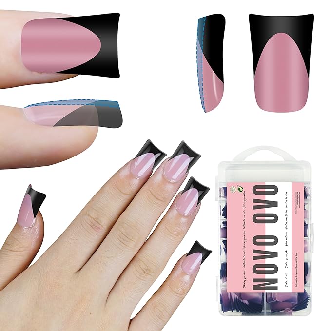 Black French Tip Short Duck Nail Tips Press on, BERRY PINK Pre-designed Soft Gel Nail Extension, Extra thick Full Cover Matte Vrial False Nails for DIY x 12 Sizes 240 pcs