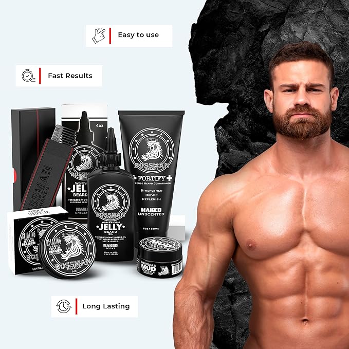 Bossman Complete Beard Kit – Men's Beard Oil Jelly, Fortifying Shower Conditioner, Balm, Mustache Wax & Comb – Beard Softener & Grooming Care (Naked - Unscented)