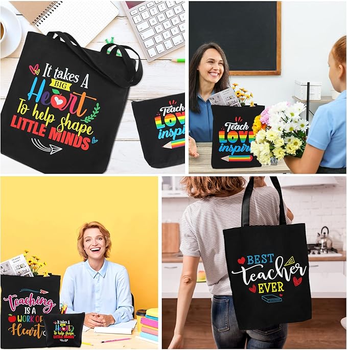 Oudain 8 Pcs Teacher Appreciation Gifts for Women Graduation Gifts Canvas Tote Bag Cosmetic Toiletry Canvas Makeup Bags with Zipper for Teacher Birthday Farewell Parties