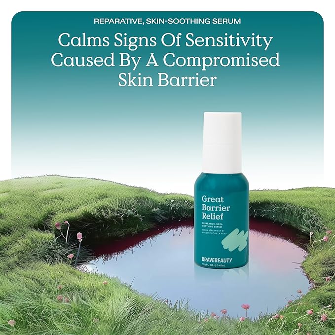 KraveBeauty Great Barrier Relief, Soothing Skin Barrier Repair Serum, Contains Tamanu Oil to Soothe and Calm Redness, For All Skin Types, Vegan & Cruelty Free, 1.52 fl oz