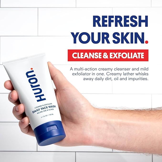 Huron Men’s Face Wash - Daily Deep Facial Cleanser & Mild Exfoliator - Cleans, Conditions, & Hydrates Skin - Subtle Energizing Scent - Vegan, Sulfate-Free - 5.1 Oz (2 Pack)