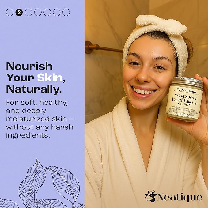 100% Grass Fed Beef Tallow for Skin Care by Neatique | Face & Body | Whipped Moisturizer for Skin | with Organic Beeswax & Organic Honey Balm | All Natural Formula, 2.13oz (2.13 Ounce, Lavender)