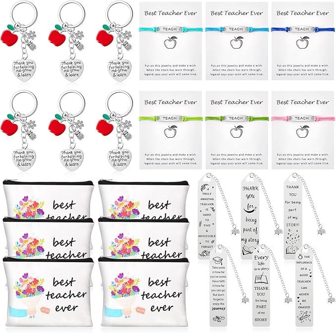 LEIFIDE 24 Pcs Teacher Appreciation Gifts Set, Thank You Birthday Gifts for Teachers 6 Teacher Cosmetic Bag 6 Teacher Blessing Card Bracelet 6 Bookmarks 6 Keychain for Women Teachers Day Graduation