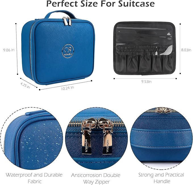 MOMIRA Travel Makeup Bag Cosmetic Bag Makeup Organizer Bag with Lighted Mirror, Adjustable Brightness in 3 Color Scenarios, Waterproof Makeup Train Case, Gift for Women - Cyan Blue