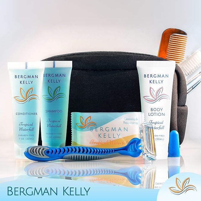 BERGMAN KELLY - Hotel Toiletries Bundle - Tropical Waterfall, 1 oz ea, 125 Pieces - 5-Piece Set: 25 ea Rectangular Bar Soap, Shampoo, Conditioner, Body Lotion & Body Wash - Bulk Mini Guest Amenities
