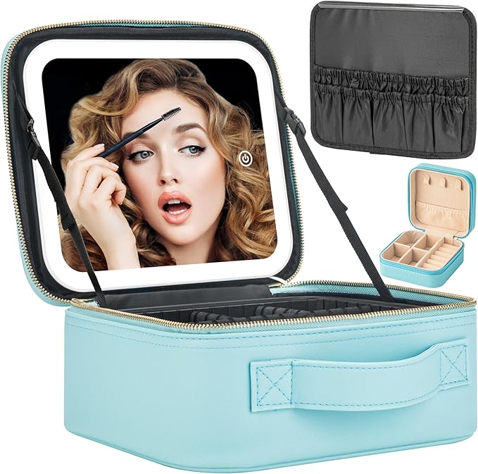 Makeup Travel Train Case with Mirror LED Light 3 Adjustable Brightness Cosmetic Bag Portable Storage Adjustable Partition Waterproof Makeup Brushes Makeup Jewelry Gift for Women (light blue)