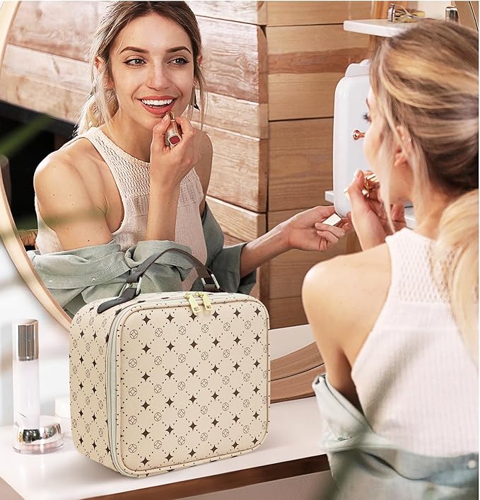 Travel Makeup Bag With 360° rotating LED Mirror,Waterproof cosmetic organizer,Portability Cosmetic case,Makeup organizer,Gift for Women,Girls Gift (Beige + Brown)