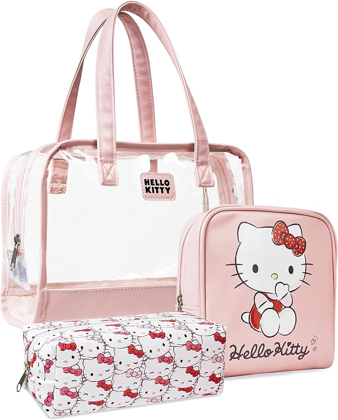 Hello Kitty Toiletry Bag and Makeup Bag Set of 3 for Women Teens Girls Zipped Cosmetics Case Kawaii Travel Essentials Anime Gifts for Her