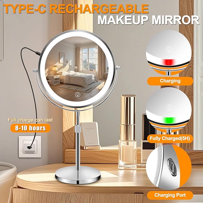 10x Large Lighted Makeup Mirror, Rechargeable 8.7" Double-Sided Vanity Mirror with 3 Color Dimmable Lights, 1X/10X Height Adjustable Magnifying Mirror, 360° Swivel, for Women Girl(Silver)