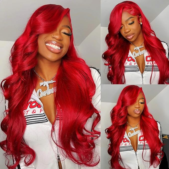 34 Inch Red Lace Front Wigs Human Hair Burgundy Red Body Wave Wig 13x6 Hd Lace Frontal Wig Human Hair Pre Plucked with Baby Hair 180% Density Dark Red Wear and Go Glueless Wigs Hair for Women