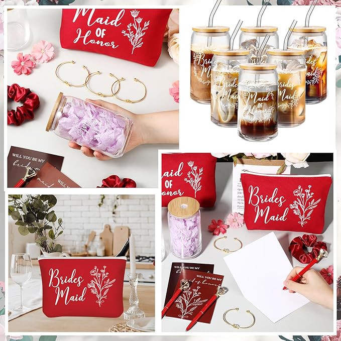 Irenare 36 Pcs Bridesmaid Proposal Gifts Bridal Shower Gifts 16 oz Glass Cup Cosmetic Makeup Bags Invited Cards Scrunchies Hair Knotted Bracelets Diamond Pens Favors for Wedding (Red)