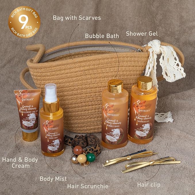 Spa Gift Set for Women, Coconut & Honey ALMOND Teengirls Gifts Friendship Women, Tote Bag, Shower Gel, Hand & Body Cream, Bath Gift Set for Her, Birthday for Best Friend, Mom, Mothers Day