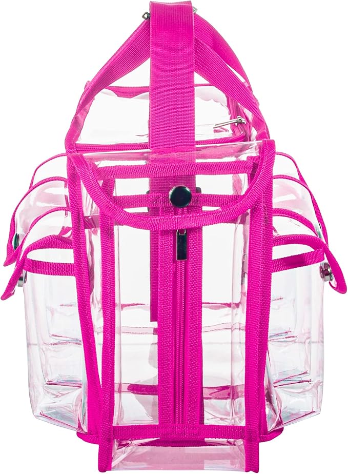 Wide Opening Large Professional Clear PVC Travel Makeup Artist Set Cosmetic Nails Beauty Bag Transparent Vinyl Tool Organizer Work Beach Diaper With 6 External Pockets & Strap (Pink)