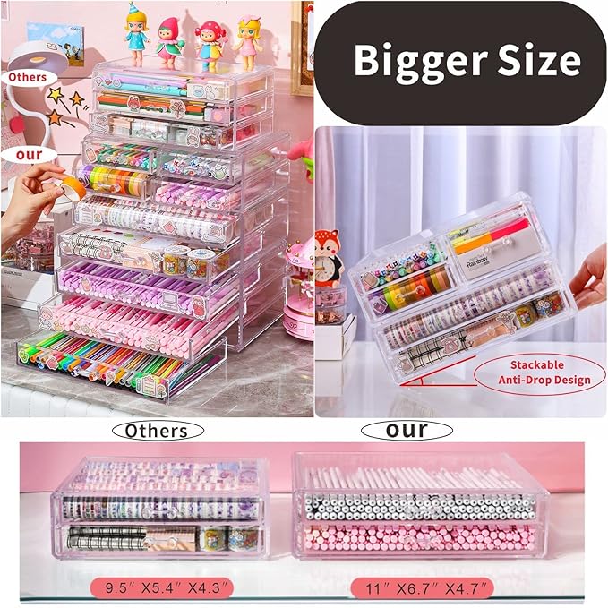 Pack of 2 Acrylic Countertop Stackable Drawers Bathroom Cabinet Organizer Clear Organizing Bins For Cosmetics Organizer Jewelry Hair Accessories Nail Polish Make Up Marker Pen