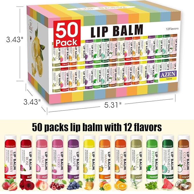 AZEN 50 Pack Lip Balm, Natural Lip Balm Bulk, Lip Care Product, Moisturizing Lip Balms for dry cracked lips - 12 Flavors