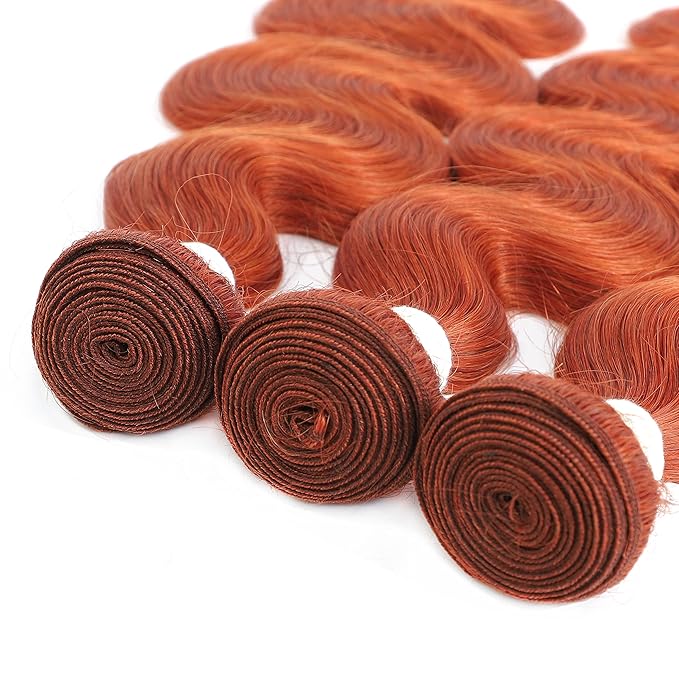 REMY HAIR Body Wave Orange Color Bundles Human Hair Bundles with 4?4 Lace Closure 100% Human Hair Natural Wave Bundles Brazilian Virgin Hair Extensions #350 Ginger Color 10 12 14 Inch with Closure 10