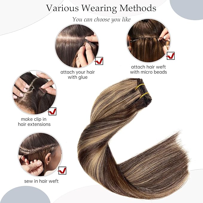 Ubetta Human Hair Weft Dark Brown Balayage Ash Brown Highlights Sew in Hair Extensions Real Human Hair 22 Inch 120G Weft Hair Extensions Remy Real Human Hair Bundles Weave Extensions for Women