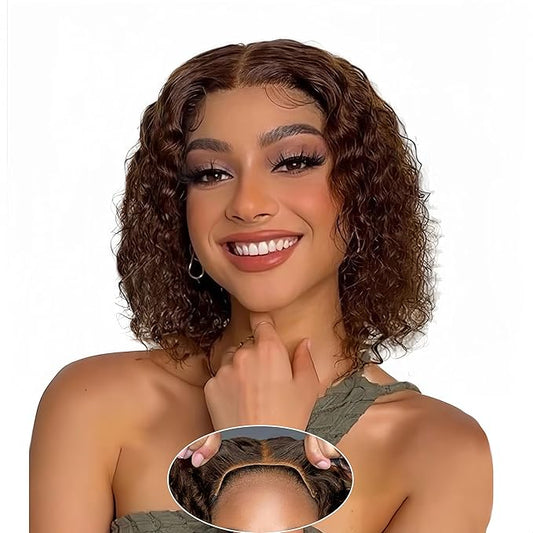 5×5 Closure Bob Wig Human Hair Glueless Wigs Human Hair Pre Plucked Pre Cut Short Curly Wig Water Wave Middle Part 4# Chocolate Brown for Women Wigs for Black Women 10Inch