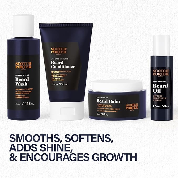 Scotch Porter Beard Care Kit – Cleanse, Moisturize, Soothe & Style Coarse, Dry Hair while Encouraging Growth for a Fuller/Healthier-Looking Beard – Includes Wash, Conditioner, Oil, Balm & Brush