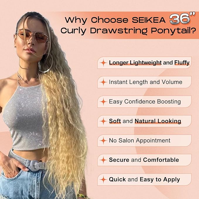 SEIKEA 36" Drawstring Ponytail Extension Long Lightweight Full Natural Curly Fake Pony Tail Multi Layered Soft Clip in Hair Extensions Ponytail Synthetic Hairpiece, Light Ash Blonde Highlights