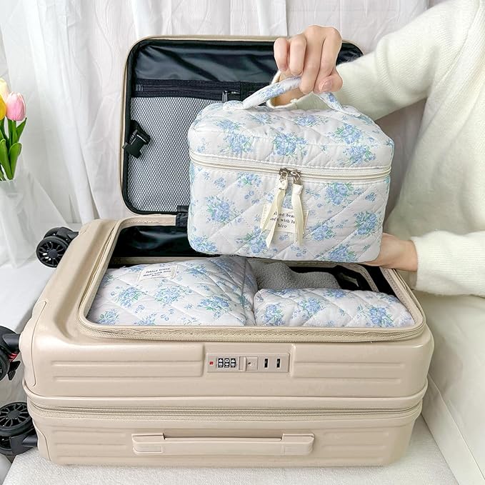 3Pcs Cotton Quilted Makeup Bag for Women Girls, Large Floral Cosmetic Bag Set Cute Makeup Brushes Aesthetic Accessories Storage Bag Blue Rose Flower Travel Toiletry Bag Organizer